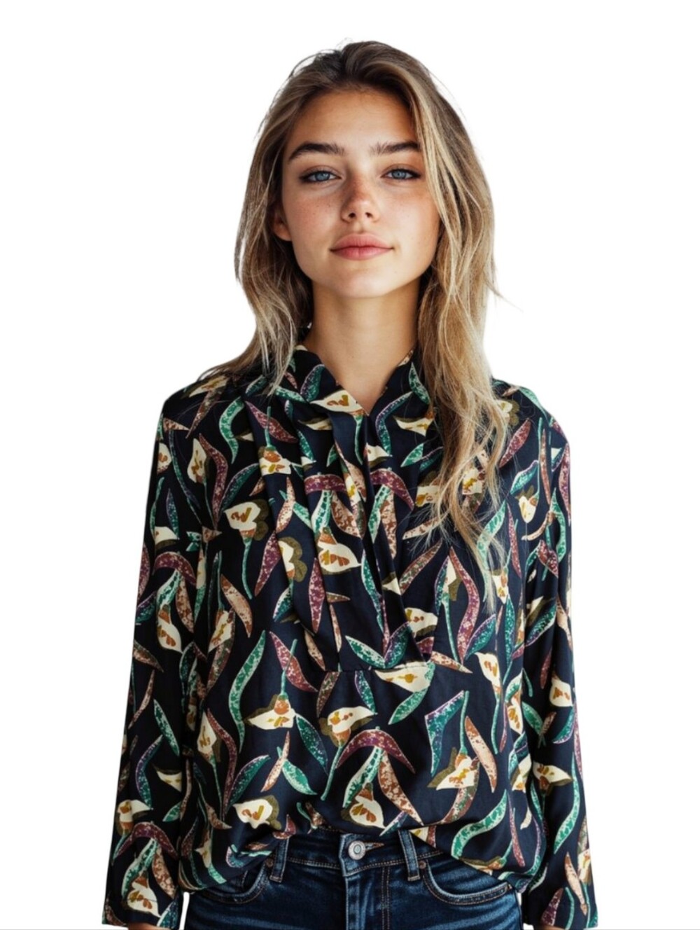 London Fog Collectables Navy Floral Printed Vneck Blouse